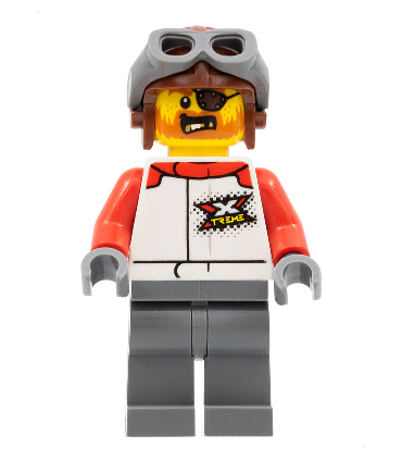 Stuntz Driver - Male, White Racing Jacket with Red Arms, Dark Bluish Gray Legs, Reddish Brown Aviator Cap, Eye Patch