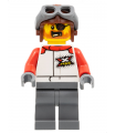 Stuntz Driver - Male, White Racing Jacket with Red Arms, Dark Bluish Gray Legs, Reddish Brown Aviator Cap, Eye Patch