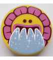 Yellow Tile, Round 2 x 2 with Bottom Stud Holder with Sunflower Face, Dark Pink Flakes and Water Pouring from Mouth Pattern