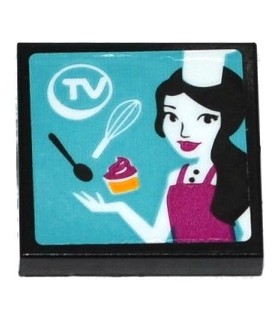Black Tile 2 x 2 with Groove with 'TV' , Spoon, Whisk, Cupcake and Female Chef on Screen Pattern (Sticker) - Set 41135
