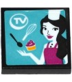 Black Tile 2 x 2 with Groove with 'TV' , Spoon, Whisk, Cupcake and Female Chef on Screen Pattern (Sticker) - Set 41135