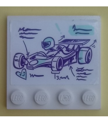 White Tile, Modified 4 x 4  Studs on Edge with Dark Purple and Light Aqua Go-Kart, Driver, Writing Scribble Pattern (Sticker)
