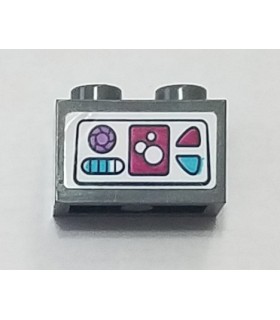 Dark Bluish Gray Brick 1 x 2 with Magenta, Medium Azure, and Medium Lavender Icons on White Background Pattern (Sticker)