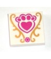 White Tile 2 x 2 with Groove with Magenta Jewel and Paw Print with Heart and Gold Decorations Pattern
