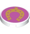 White Tile, Round 2 x 2 with Bottom Stud Holder with Gold Horseshoe with Hearts on Dark Pink Background Pattern