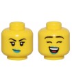 Yellow Minifigure, Head Dual Female Thin Black Eyebrows, Dark Turquoise Lips, and Crooked Smile / Closed Eyes, Open Mouth Smile