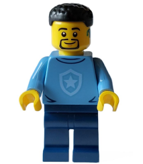 Police - City Officer in Training Male, Medium Blue Shirt with Badge, Dark Blue Legs, Black Short Hair, Beard, Hearing Aid