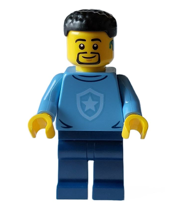 Police - City Officer in Training Male, Medium Blue Shirt with Badge, Dark Blue Legs, Black Short Hair, Beard, Hearing Aid