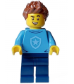 Police - City Officer in Training Male, Medium Blue Shirt with Badge, Dark Blue Legs, Reddish Brown Hair, Open Mouth Smile