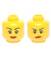 Yellow Minifigure, Head Dual Sided Female Red Lips, Crow's Feet and Beauty Mark, Smile / Annoyed with Short Frown Lines Pattern