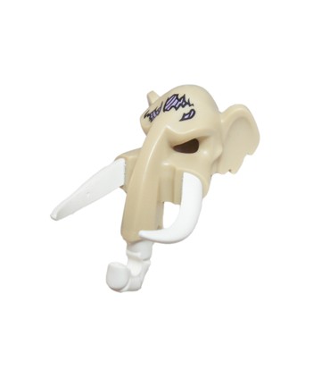 Tan Minifigure, Headgear Mask Mammoth with White Rubber Tusks and Trunk with Medium Lavender Sinew Patches on Forehead Pattern