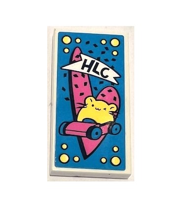 White Tile 2 x 4 with , Bright Light Yellow Hamster Driving Car and Dark Pink Heart on Dark Azure Background Pattern (Sticker)