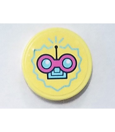Bright Light Yellow Tile, Round 2 x 2 with Bottom Stud Holder with Dark Pink and Medium Azure Circuit Pattern (Sticker)