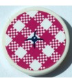 White Tile, Round 2 x 2 with Stud Holder with Cushion with Dark Blue Button, Magenta and White Checkered Pattern (Sticker)