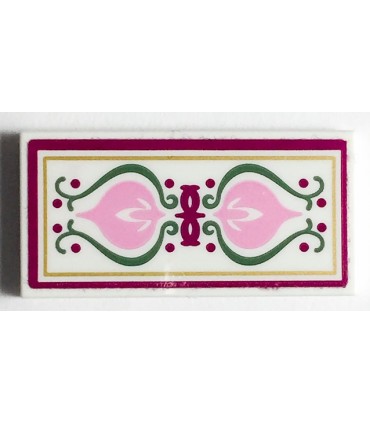White Tile 2 x 4 with Bright Pink Crest and Sand Green Scrollwork Pattern (Sticker) - Set 41068