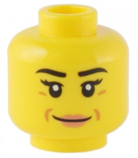 Yellow Minifigure, Head Female Black Eyebrows, Eyelashes, Medium Nougat Dimples, Nougat Lips, Grin Pattern - Hollow Stud