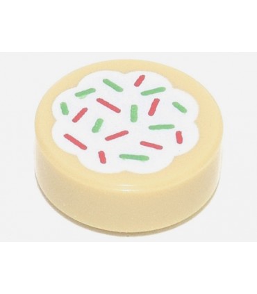 Tan Tile, Round 1 x 1 with Cookie with White Frosting and Red and Green Sprinkles Pattern