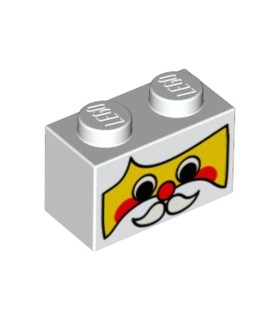 White Brick 1 x 2 with Yellow Santa Face, Moustache, and Red Cheeks and Nose Pattern
