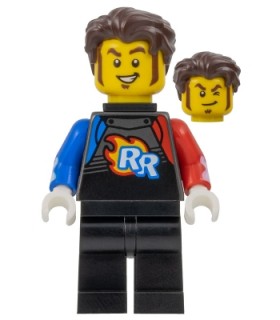 Rocket Racer - Stuntz Driver, Black Jumpsuit with Blue and Red Arms, Dark Brown Hair