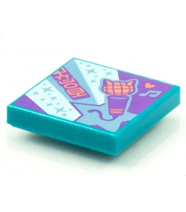 Dark Turquoise Tile 2 x 2 with BeatBit Album Cover - Metallic Light Blue Stars and Cat Head Microphone Pattern