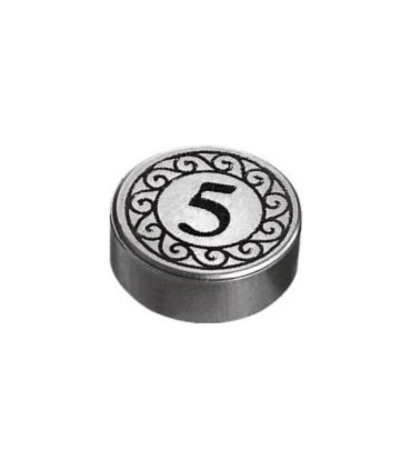 Flat Silver Tile, Round 1 x 1 with Black Number 5 Coin Pattern