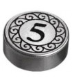 Flat Silver Tile, Round 1 x 1 with Black Number 5 Coin Pattern