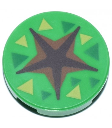 Bright Green Tile, Round 2 x 2 with Stud Holder with Dark Brown and Reddish Brown Star Shaped Crevice, Green and Lime Triangles