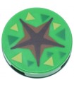 Bright Green Tile, Round 2 x 2 with Stud Holder with Dark Brown and Reddish Brown Star Shaped Crevice, Green and Lime Triangles