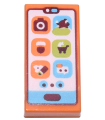 Orange Tile 1 x 2 with Cell Phone / Smartphone with Medium Azure Bar and Buttons and Orange and Lime Icons Pattern