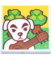 White Tile 2 x 2 with White Dog, Dark Orange Guitar, Bright Green and Lime Grass and Trees Pattern