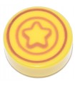Yellow Tile, Round 1 x 1 with Reddish Brown and Dark Orange Star and Concentric Circles Pattern (Animal Crossing Bell)
