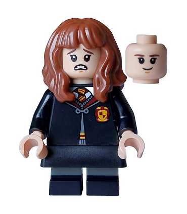 Hermione Granger - Gryffindor Robe, Black Skirt, Black Short Legs with Dark Bluish Gray Stripes, Open Mouth Scared / Closed