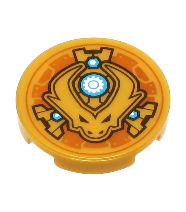 Pearl Gold Tile, Round 2 x 2 Bottom Stud Holder Dragon Head with Horns and Black Eyes, Dark Azure and White Nuts in Circle