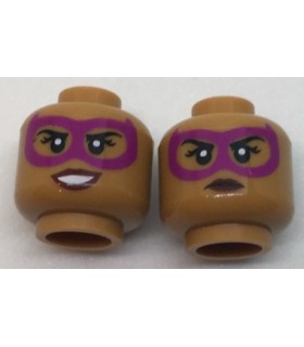 Medium Nougat Minifigure, Head Dual Sided Female Magenta Eye Mask, Dark Red Lips, Grin with Teeth / Neutral Pattern