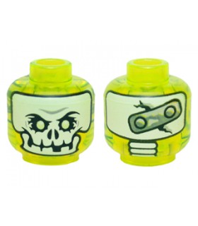 Trans-Neon Green Minifigure, Head Alien Ghost with White Skull Face, Yellowish Green Eyes, and Metal Plate on Back Pattern