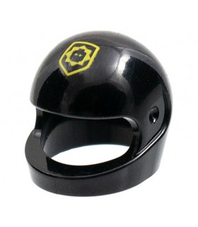 Black Minifigure, Headgear Helmet Motorcycle (Standard) with Yellow Badge with Minifigure Head Pattern