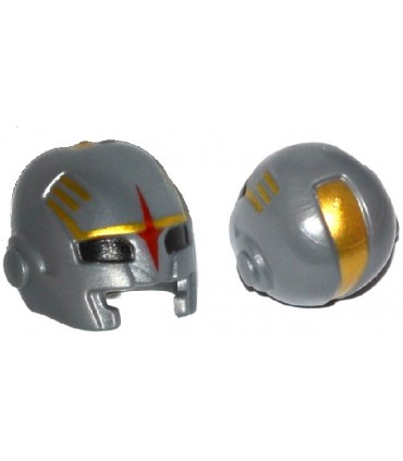 Flat Silver Minifigure, Headgear Helmet Space with Mouth Slit and with Black Eye Holes, Red Star and Gold Markings Pattern