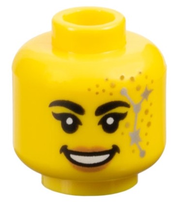 Yellow Minifigure, Head Female Black Thick Eyebrows and Single Eyelashes, Nougat Lips, Gold Dots, Silver Stars Constellation
