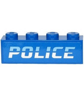 Blue Brick 1 x 4 with Bright Light Blue and White 'POLICE' Pattern (Sticker)