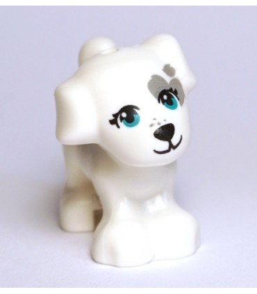 White Dog, Friends Style, Puppy, Standing with Dark Turquoise Eyes, Black Nose and Mouth, Dark Bluish Gray Patch Pattern