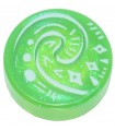 Satin Trans-Bright Green Tile, Round 1 x 1 with White and Bright Green Koru Spiral Symbol, Diamonds and Lines Pattern