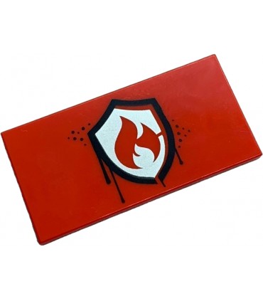 Red Tile 2 x 4 with Lopsided Silver Fire Logo Badge with Black Border Dripping Paint Pattern