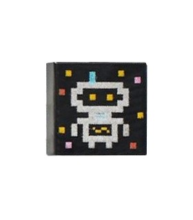 Black Tile 1 x 1 with Silver Robot / Alien with Antenna and Eyes, and Gold, Metallic Pink, and Copper Squares Pattern
