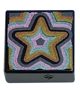 Black Tile 1 x 1 with Copper, Gold, Metallic Light Blue, Metallic Pink, and Dark Silver Concentric Stars Pattern