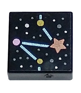 Black Tile 1 x 1 Constellation with Metallic Light Blue Lines, Copper Star, and Gold, Metallic Pink, Dark Silver Dots Pattern
