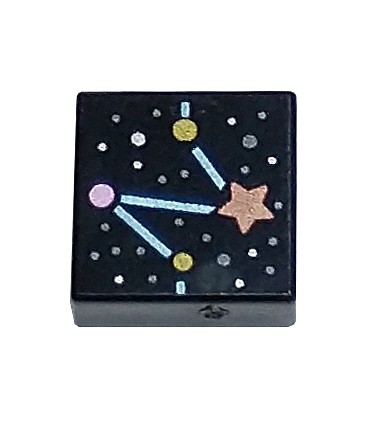 Black Tile 1 x 1 Constellation with Metallic Light Blue Lines, Copper Star, and Gold, Metallic Pink, Dark Silver Dots Pattern