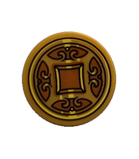 Pearl Gold Tile, Round 2 x 2 with Bottom Stud Holder with Dark Orange Shapes (Coin) Pattern