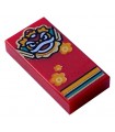 Red Tile 1 x 2 with Bright Light Orange, White, Dark Turquoise and Gold Lion / Nian Head, Flowers and Stripes Pattern