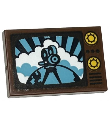 Reddish Brown Tile 2 x 3 TV with Bright Light Orange Dials and Medium Azure and Black Screen with Camera and Clouds (Sticker)