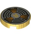 Pearl Gold Tile, Round 2 x 2 with Bottom Stud Holder with Asian Character, Broken Circles and Orange Dots Pattern